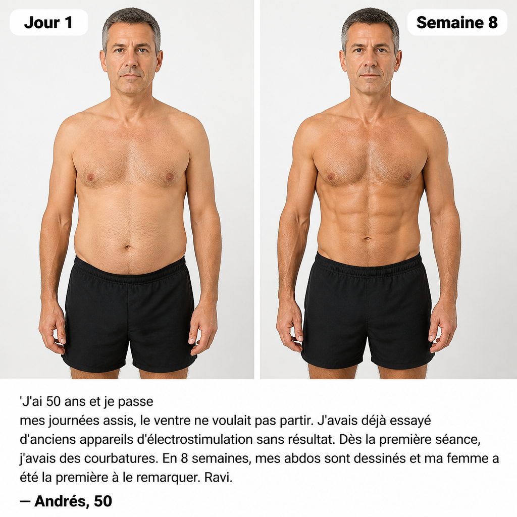 Neurotone : stimulateur NMES – l’équivalent de 3 000 abdominaux en 20 minutes.