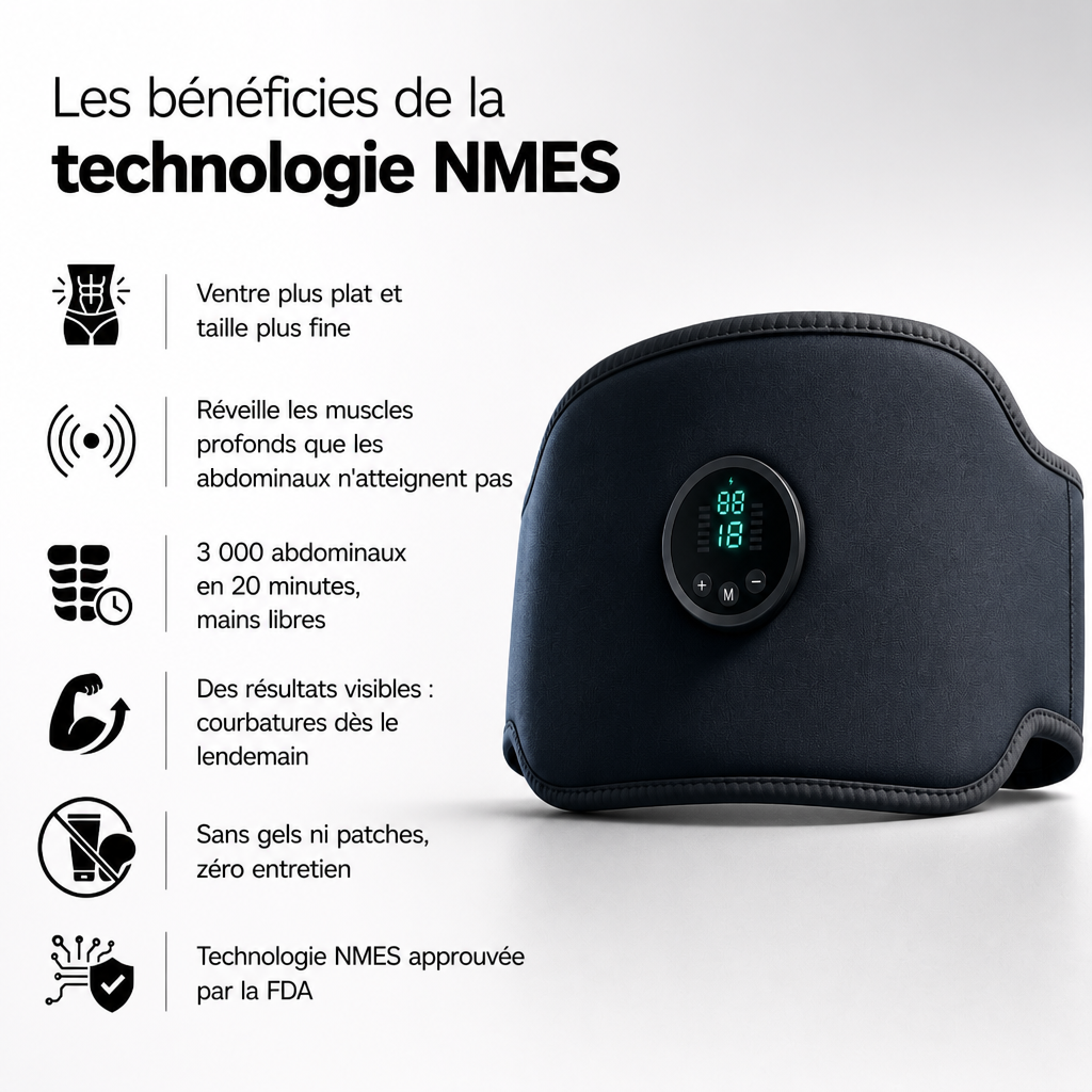 Neurotone : stimulateur NMES – l’équivalent de 3 000 abdominaux en 20 minutes.