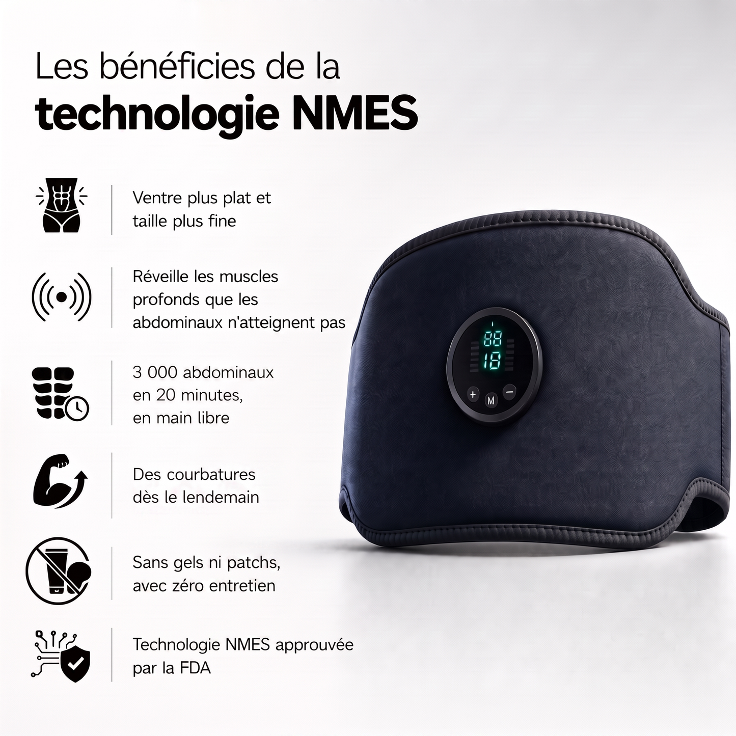 Neurotone : stimulateur NMES – l’équivalent de 3 000 abdominaux en 20 minutes.