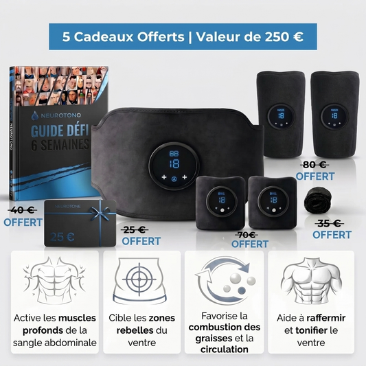 Neurotone : stimulateur NMES – l’équivalent de 3 000 abdominaux en 20 minutes.